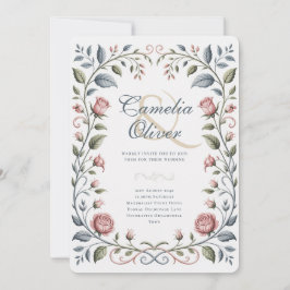 Heritage Victorian Botanical Pink Blue Rose Floral Inbjudningar