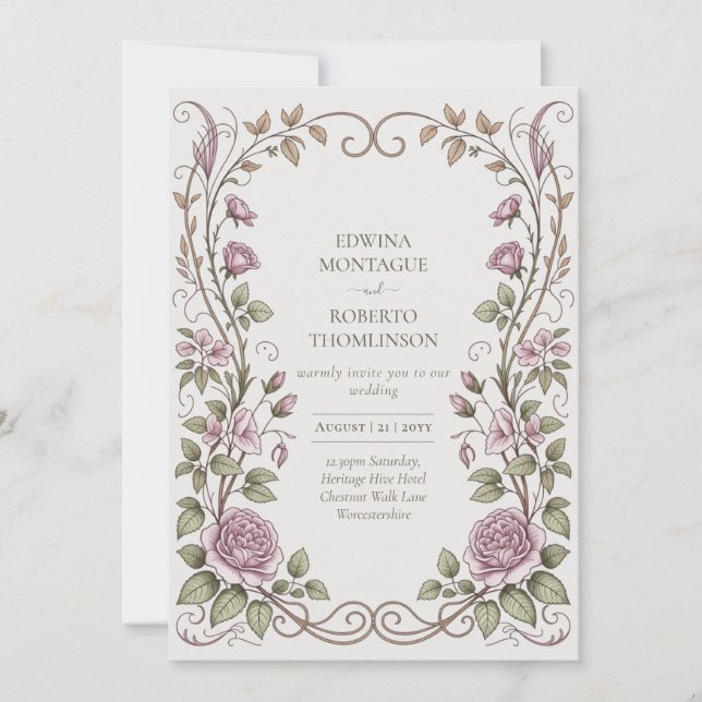 Heritage Victorian Botanical Rose Wedding Inbjudningar (Framsida)