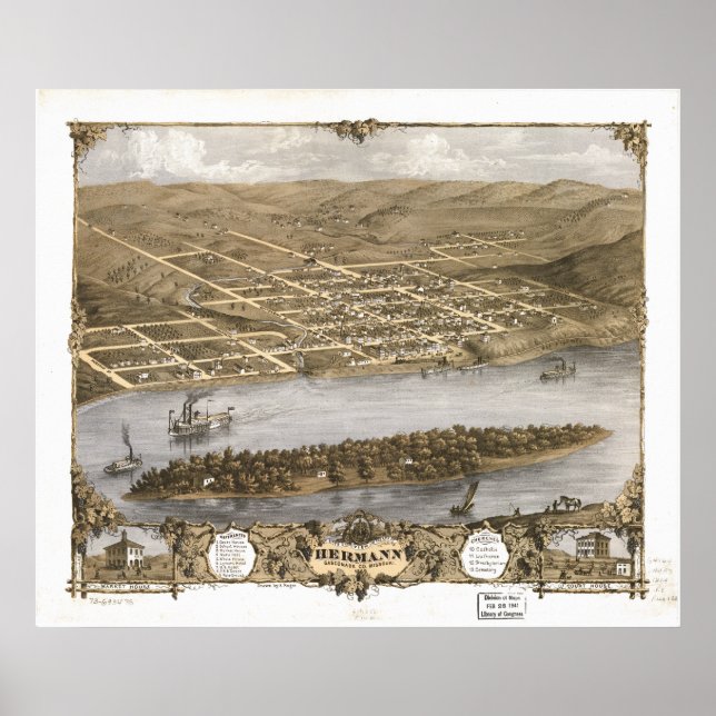 Hermann Missouri 1869 Antique Panoramic Karta Poster (Framsidan)