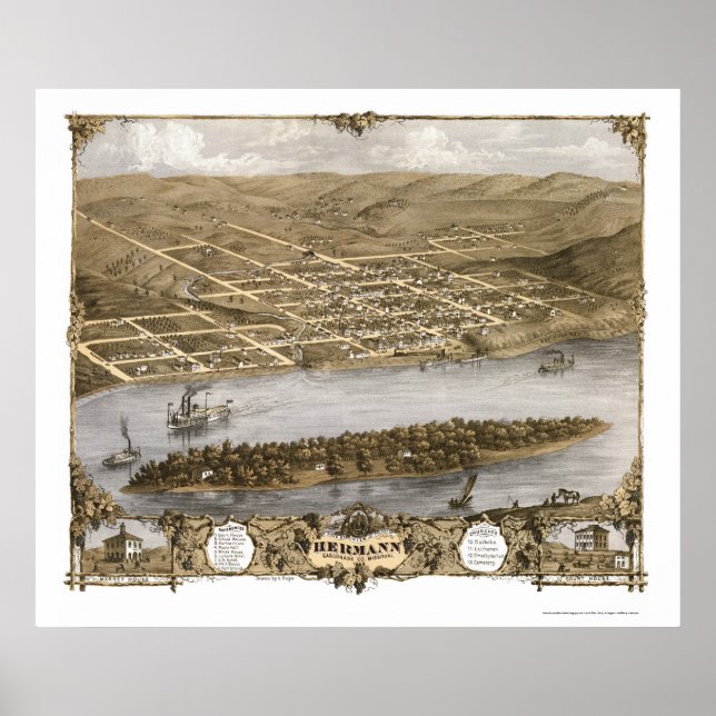 Hermann, MO Panoramic Karta - 1869 Poster (Framsidan)
