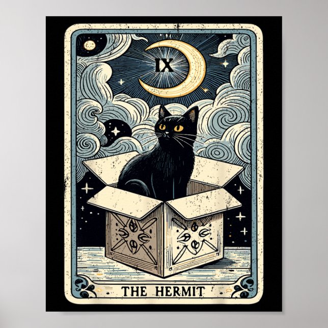 Hermit Tarot Card-katt i lådan Mystic Funny Katt Poster (Framsidan)