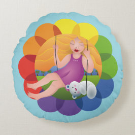 Hermosa chica en columpio con su oso rund kudde