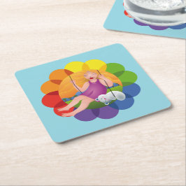 Hermosa chica en columpio con su oso underlägg papper kvadrat