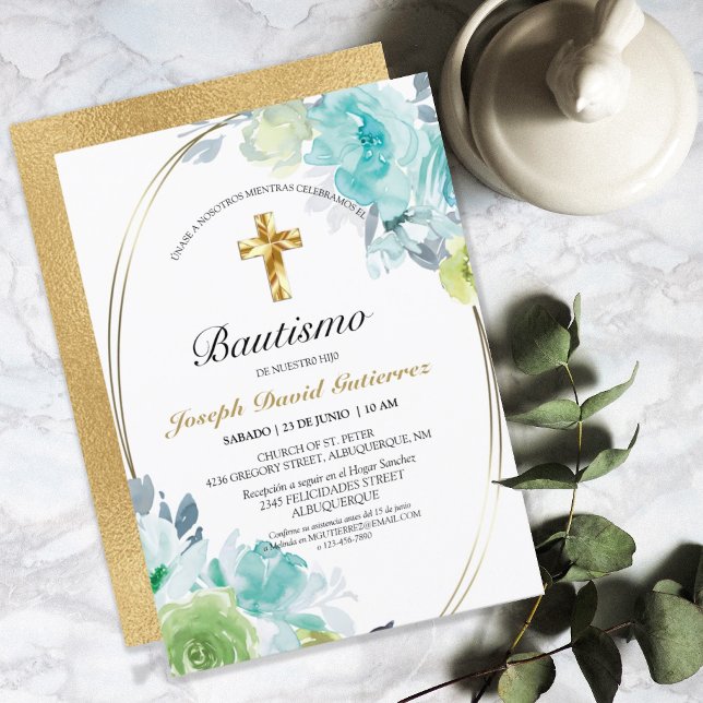 HERMOSO BAUTIZO BEBÉ CRUZADO DE ORO BLOMMIGT AZUL INBJUDNINGAR (Skapare uppladdad)