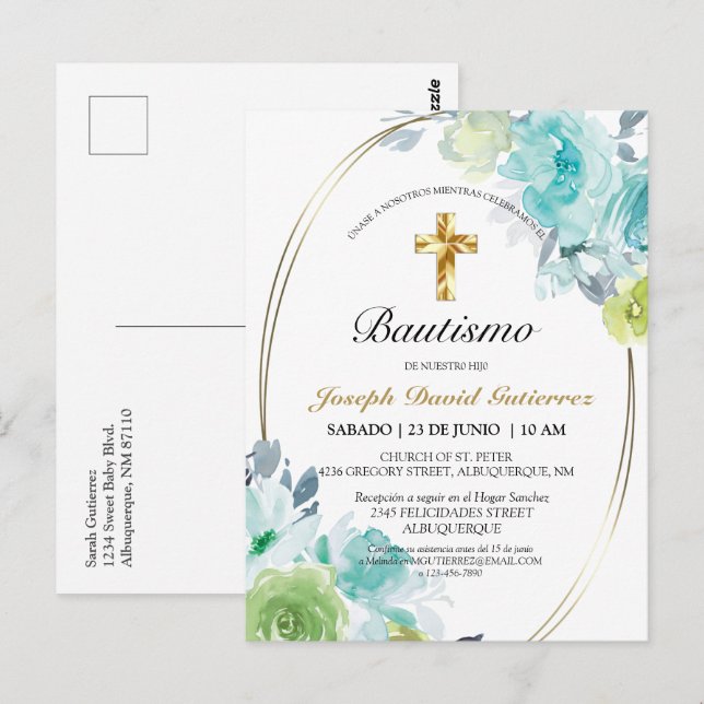 HERMOSO BAUTIZO BEBÉ CRUZADO DE ORO BLOMMIGT AZUL  VYKORT (Fram/baksida)
