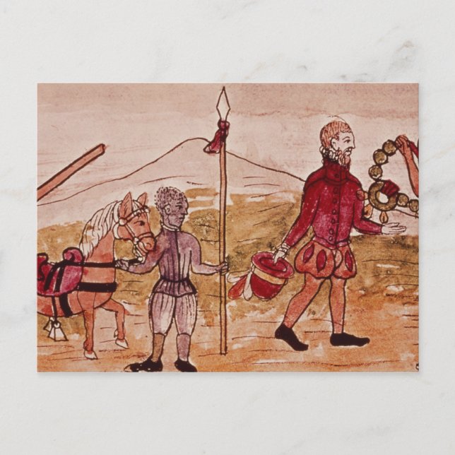 Hernando Cortes och Montezumas möte Vykort (Framsida)