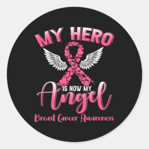 Hero är nu min angel Breast Cancer Pink Ribbon Win Runt Klistermärke