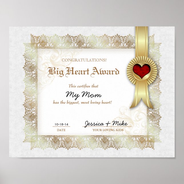 Hero Heart Kärlek Award Certificate Best Mamma Poster (Framsidan)