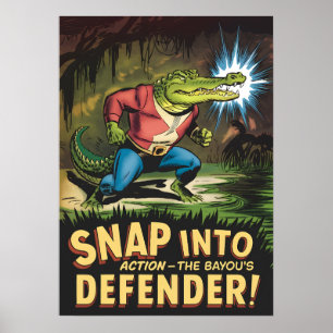 Heroic Alligator Tecknad Stil Bayou Defender Poster
