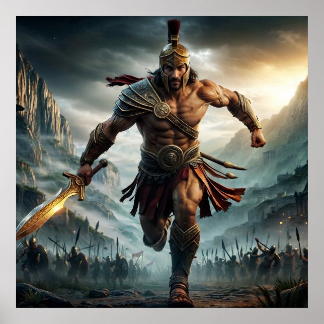 Heroic Bronze Epic Warrior Charging Digital Art Poster (Framsidan)