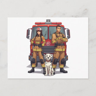 Heroic Firefighter Duo and Dalmatian Postcard Vykort