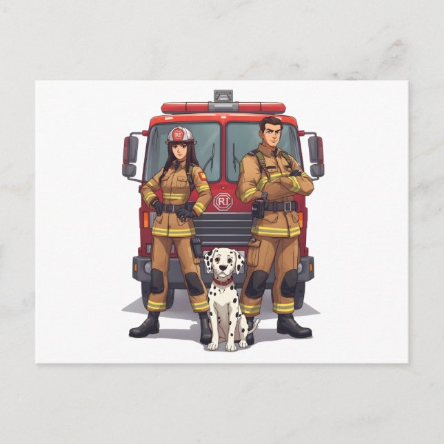 Heroic Firefighter Duo and Dalmatian Postcard Vykort (Framsida)