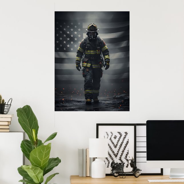 Heroic Firefighter Walking Through Smoke poster (Hemmakontoret)