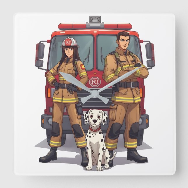 Heroic Firefighters & Dalmatian Wall Clock Fyrkantig Klocka (Framsida)