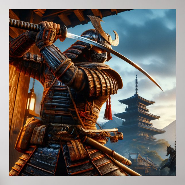 Heroic Golden Epic Samurai Warrior Digital Art Poster (Framsidan)