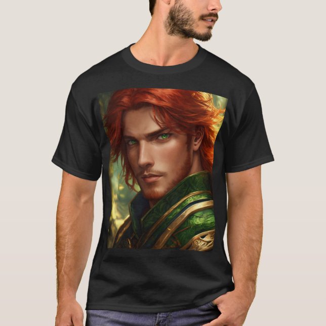 Heroic Red-Hearing Swordsman Fantasy T-Shirt (Framsida)