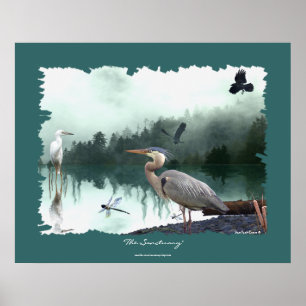 Heron, Egret, Kråkor, Dragonflies, Wilderness Art Poster