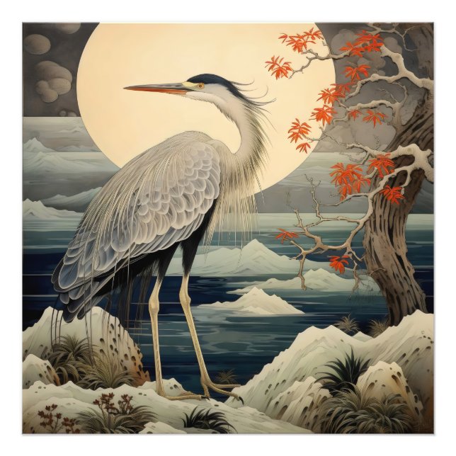 Heron i Night Ukiyo-e Japansk Art Fototryck (Framsidan)
