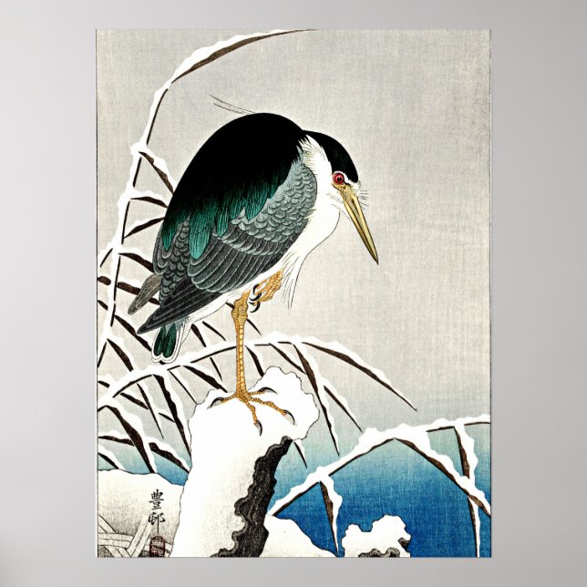 Heron i Snö, bra konst av Ohara Koson Poster (Framsidan)
