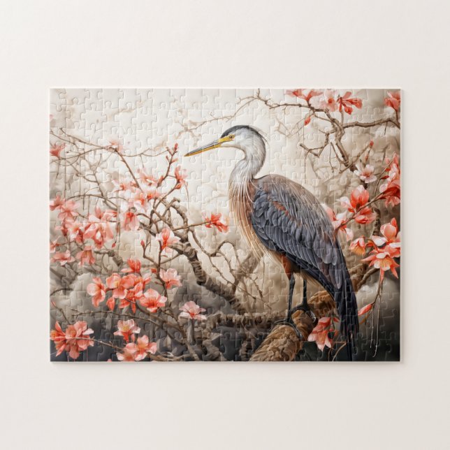Heron in red foliage pond illustration pussel (Horisontell)