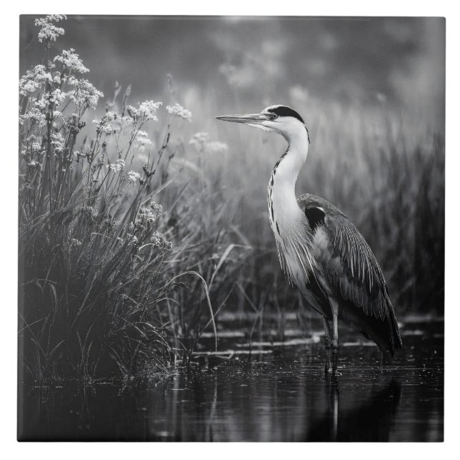 Heron in the Marsh Black and White Kakelplatta (Framsidan)
