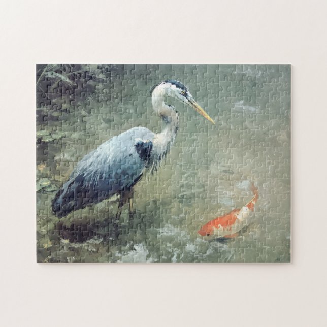 Heron och Vibrant Koi Fish Pussel (Horisontell)