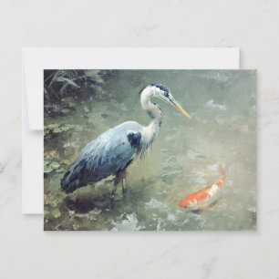 Heron och Vibrant Koi Fish Vykort