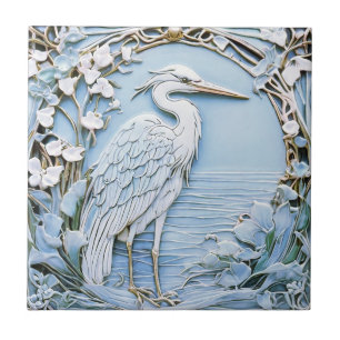 Heron Sea Bird Art nouveau Faux Relief Höger Blue Kakelplatta