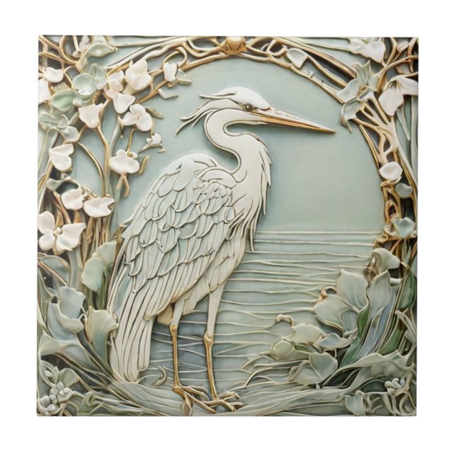 Heron Sea Bird Art nouveau Faux Relief Höger Mint Kakelplatta (Framsidan)