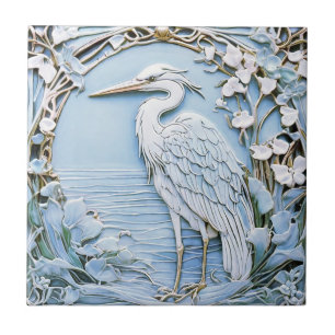 Heron Sea Bird Art nouveau Faux Relief Lämnat Blue Kakelplatta