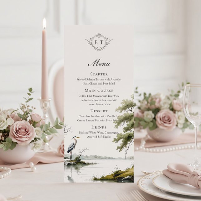 Heron Toile Country Monogram Wedding Flat Menu Meny (Skapare uppladdad)