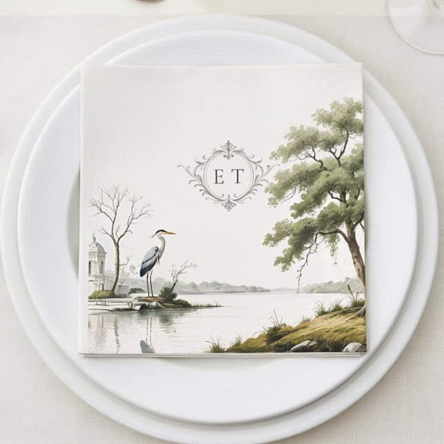 Heron Toile French Country Monogram Paper Napkin Pappersservett (Skapare uppladdad)