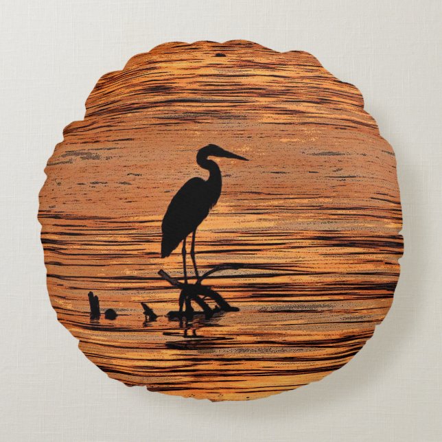 Heron vid Sunset Round Pillow Rund Kudde (Framsidan)