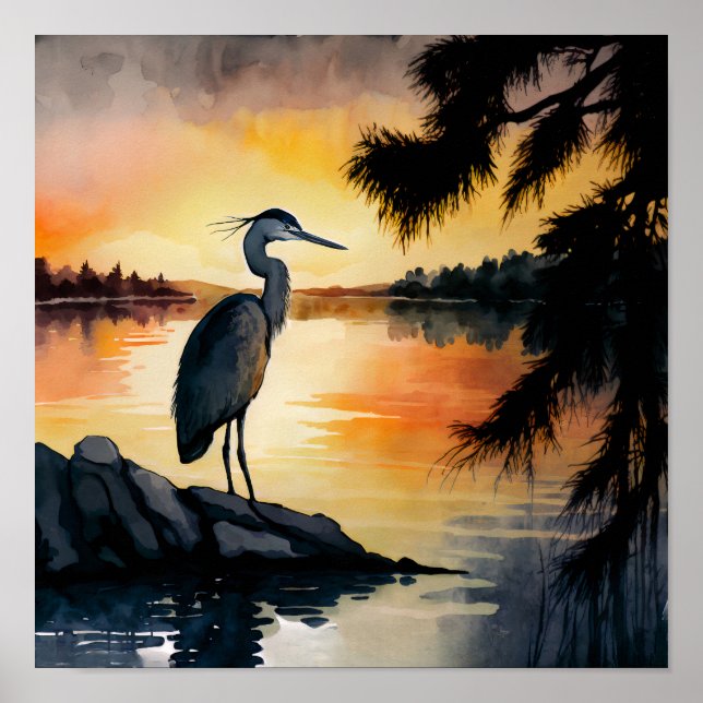 Heron Watching the Sunset Watercolor Poster (Framsidan)