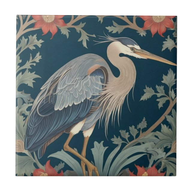 Heron William Morris stil Höger Sea Marine Bird Kakelplatta (Framsidan)