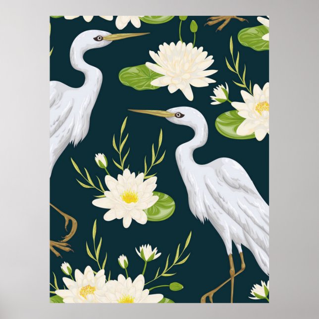 Herons White Lily Grönt Foliage Watery liggande Poster (Framsidan)