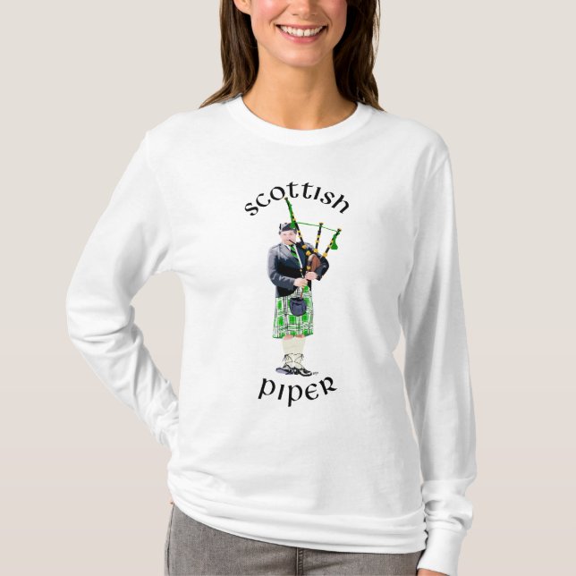 Herr Bagpiper i grön kilt T-shirt (Framsida)
