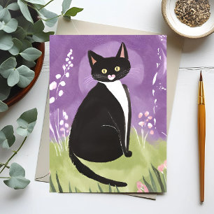 Herr Chonk Tuxedo Katt Lila Akvarell Vykort