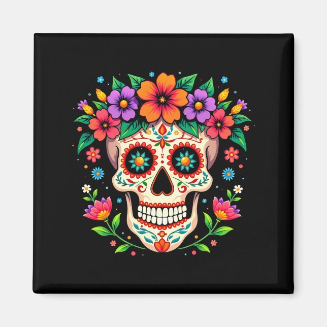 Herr Día De Los Muertos Sockersocker Med Blommor Magnet (Framsidan)