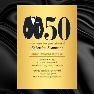 Herr Elegant Smoking Guld Svart 50-årsdag Inbjudningar