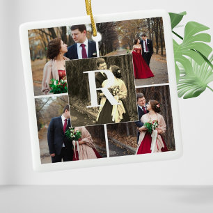 Herr. Fru Första julen Monogram och 5 Foto Julgransprydnad Keramik