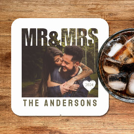 Herr & fru Foto Block hjärta årsdag Namn Underlägg Papper Kvadrat