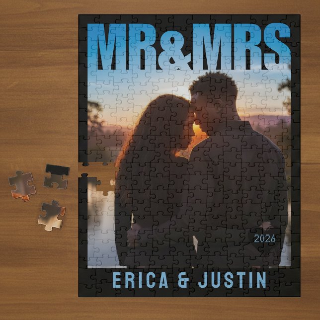 Herr & Fru Foto Block Hjärtat Jubileum Namn Pussel (Mr & Mrs Photo Block Heart Anniversary Name Jigsaw Puzzle
)