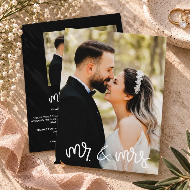 Herr & Fru Foto Svart Vitt Bröllop Tacksamhetskort Tack Kort (Mr & Mrs Photo Black White Wedding Thank You Card)