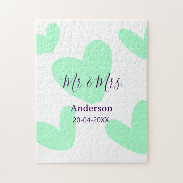 Herr & Fru Lägg familjen namn datum år bröllopsgåv Pussel (Vertikal)