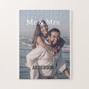 Herr & Fru lägg till familjenamn foto datum bröllo Pussel