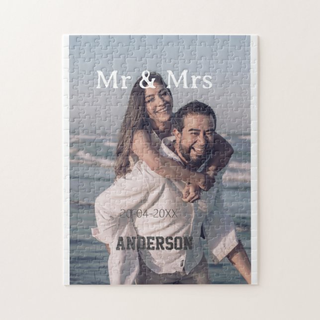 Herr & Fru lägg till familjenamn foto datum bröllo Pussel (Vertikal)
