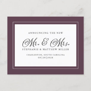 Herr & fru Nyligen gifta Elopement Lila Elegant Inbjudan Vykort