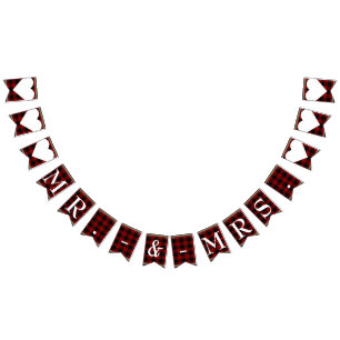 Herr & fru Röda svarta Buffalo-rutiga bröllop Vimplar