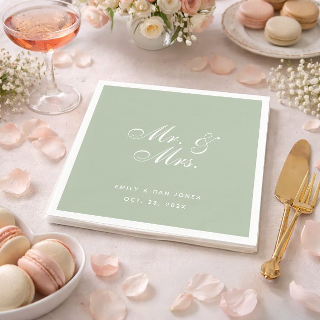 Herr & Fru Sage Bröllop Vit Elegant Skrift Grön Pappersservett (Skapare uppladdad)